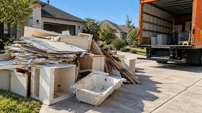 Pile of drywall, tile and an old vanity being loaded from a driveway into a junk truck